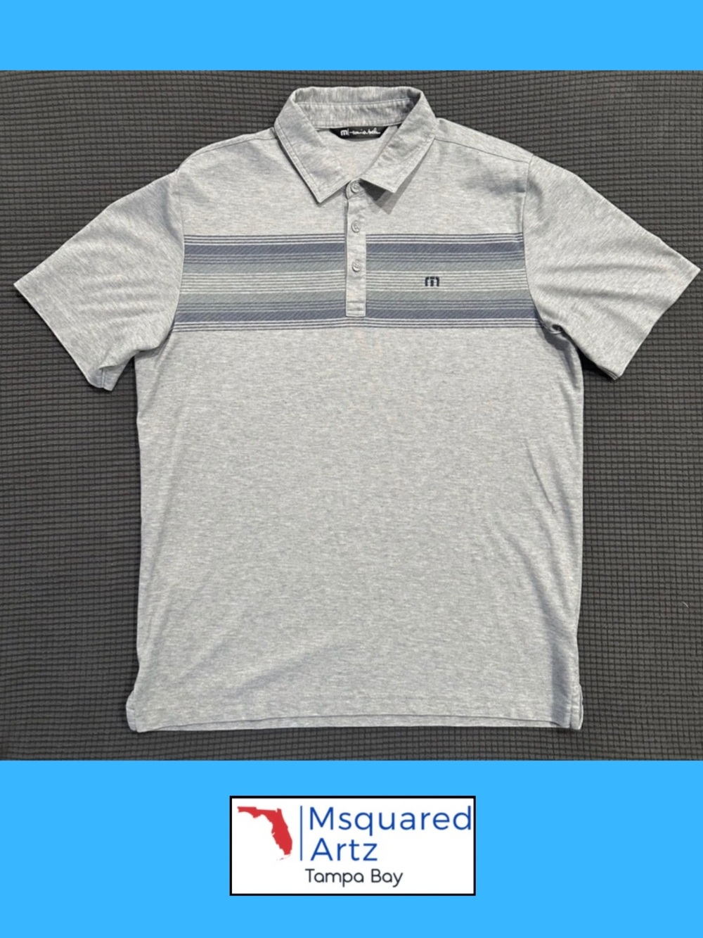 TravisMathew Gray Striped Polo Shirt Mens Large Pima Cotton Blend Golf Casual